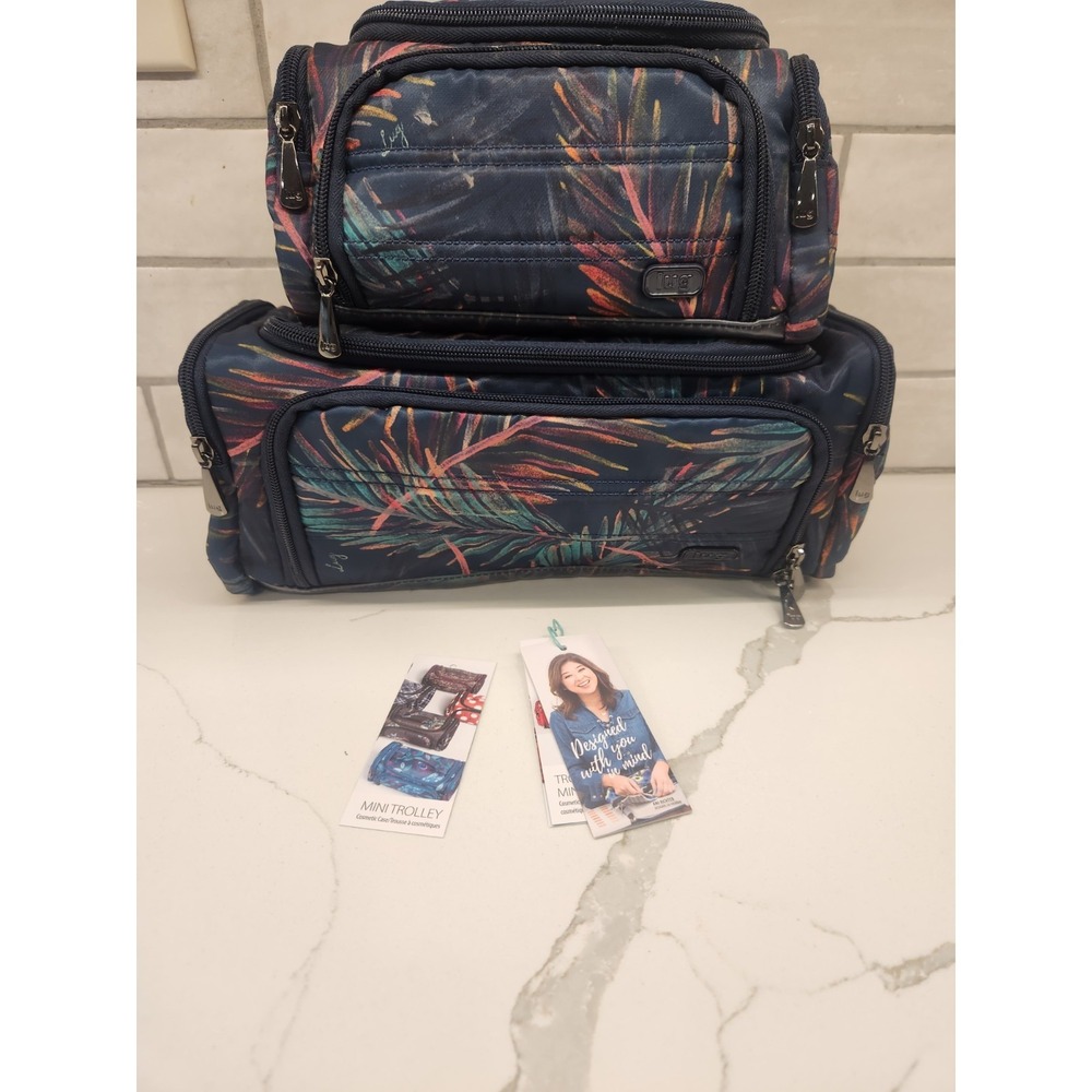 Lug Trolley Duo Navy Tropical Palm Leaf NWT Trolley & Trolley Mini Cosmetic Bags